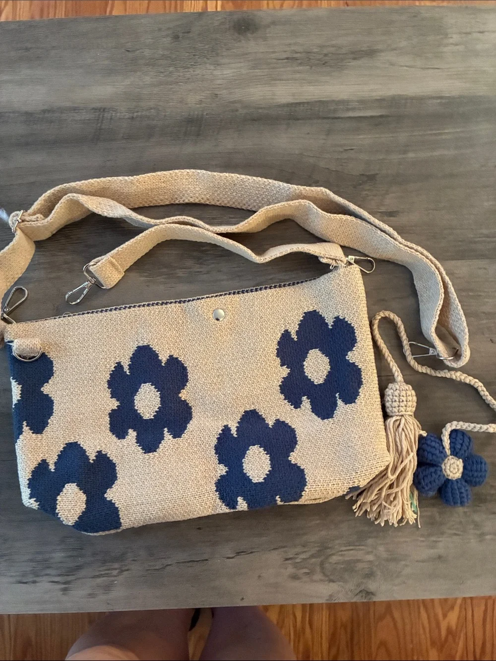 Beige Floral Canvas Bucket Bag with Blue Crochet Charm - Picture 3 of 4
